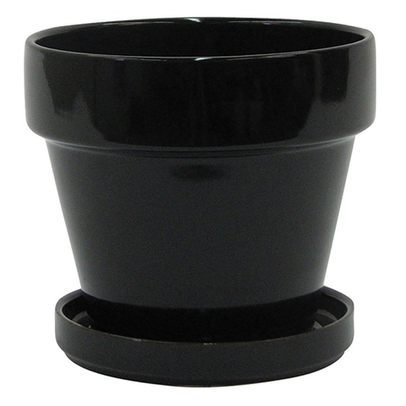 Glazed Black Ceramic Pot with Attached Saucer - Picture 1 of 2
